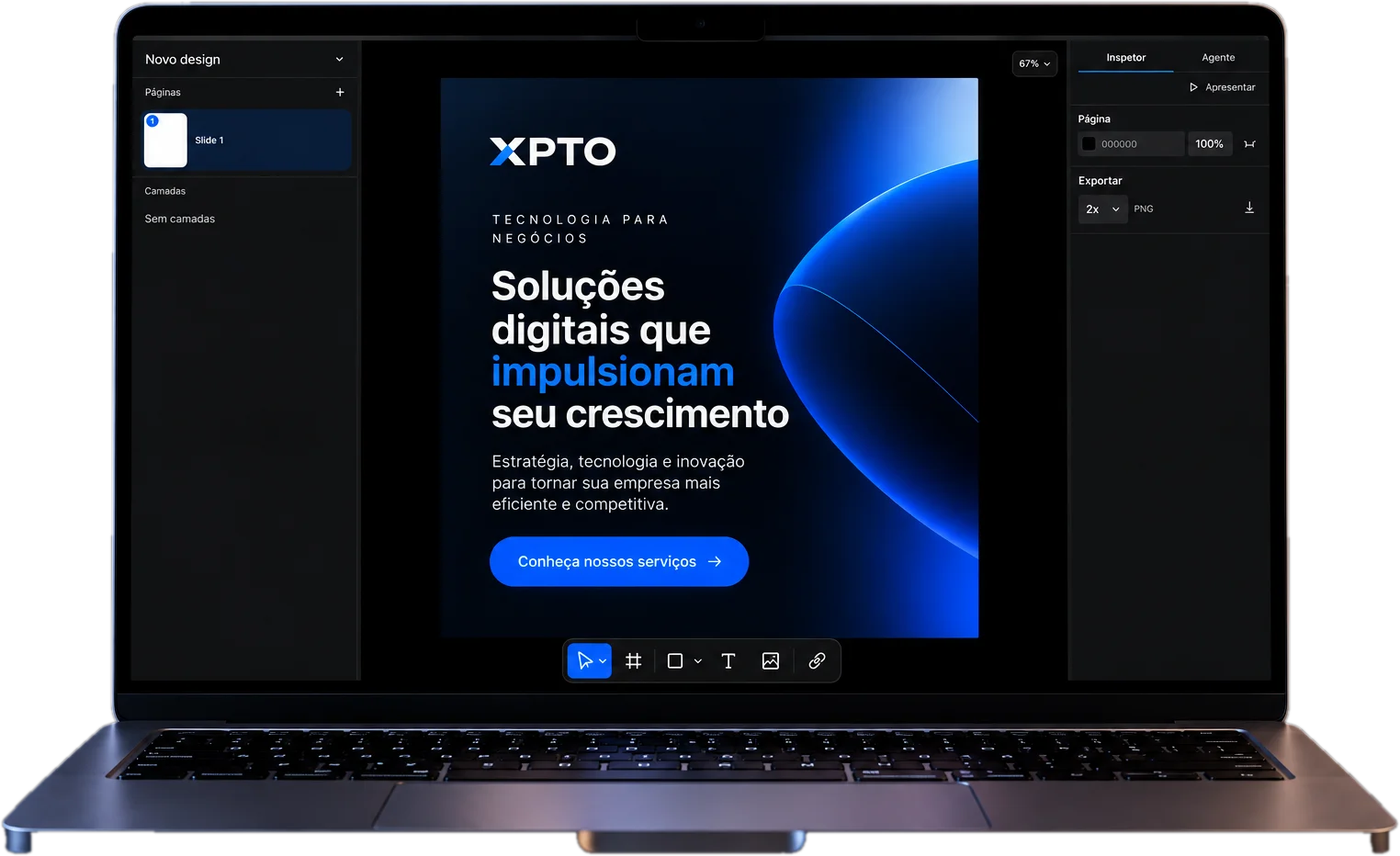 Editor de design do uPubly aberto num notebook, com um post de uma empresa de tecnologia na prancheta