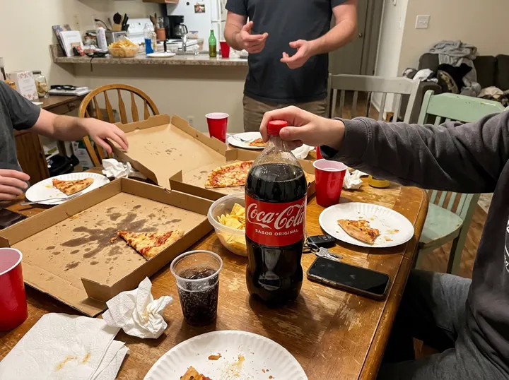Foto de produto gerada por IA: pizza e refrigerante numa mesa